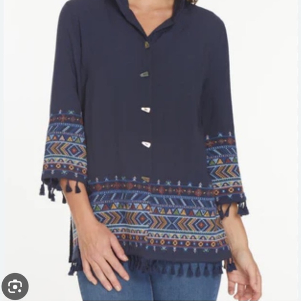 John Mark Tunic Women Navy Blue Boho Embroidered Tassel Button Shirt Top PL